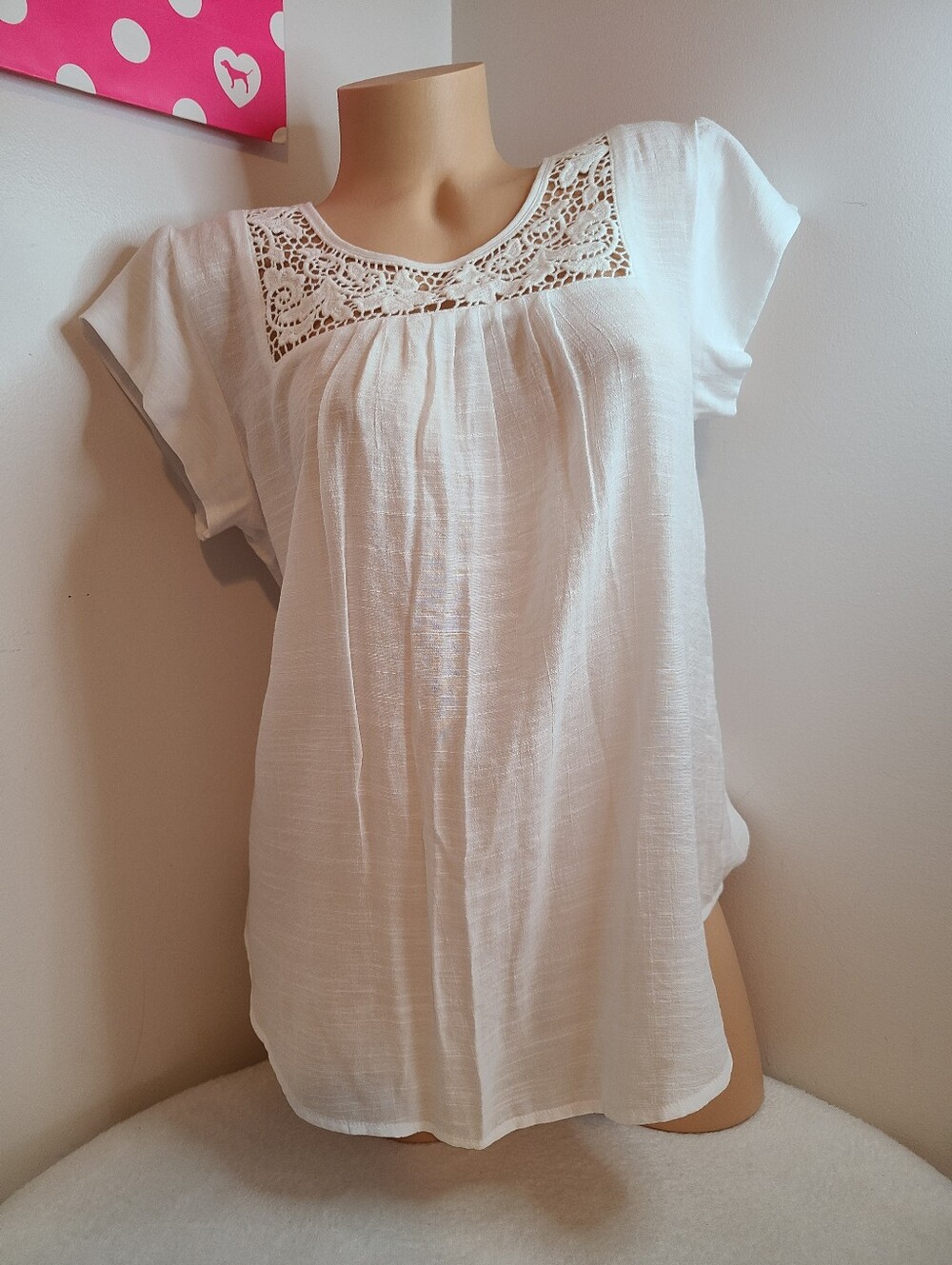 Liz Claiborne White Crochet Yoke Short Sleeve Blouse Size M